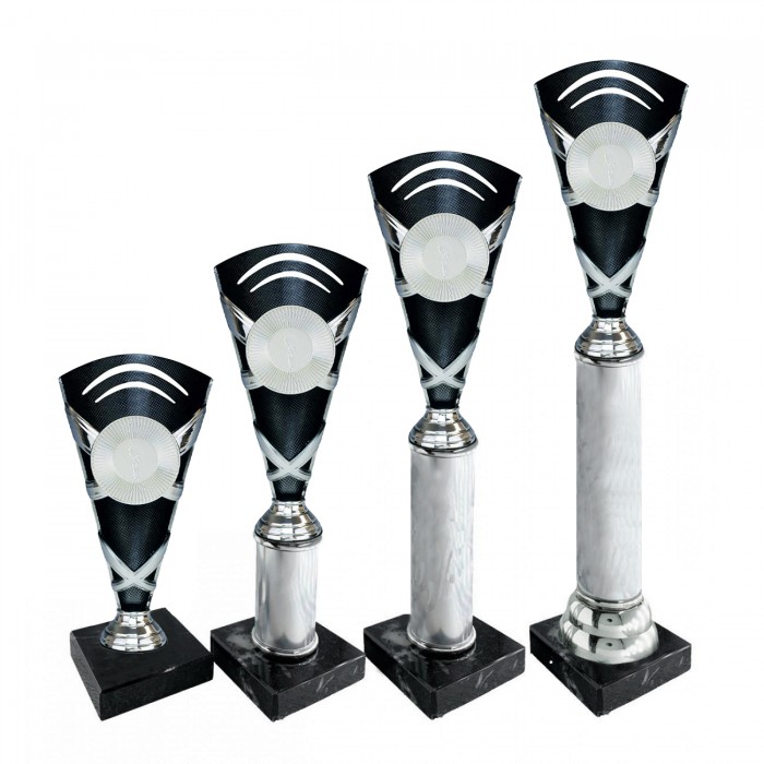 CENTRE HOLDER SILVER AND BLACK CUP PLASTIC TROPHY - WITH CHOICE OF SPORTS CENTRE - 4 SIZES